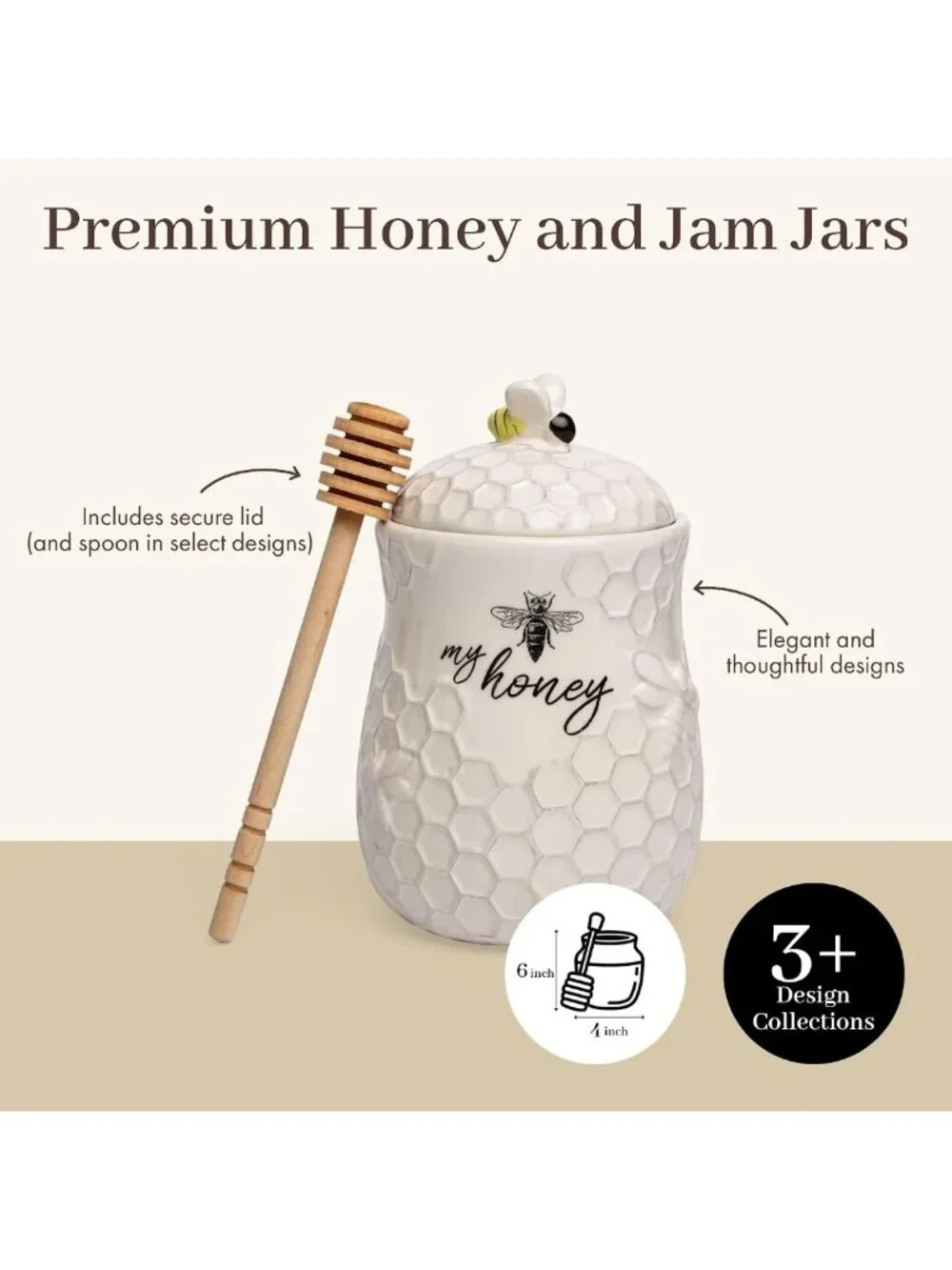Ceramic Honey Jar with Lid & Wooden Dipper - Farmhouse Kitchen Decor, Tea